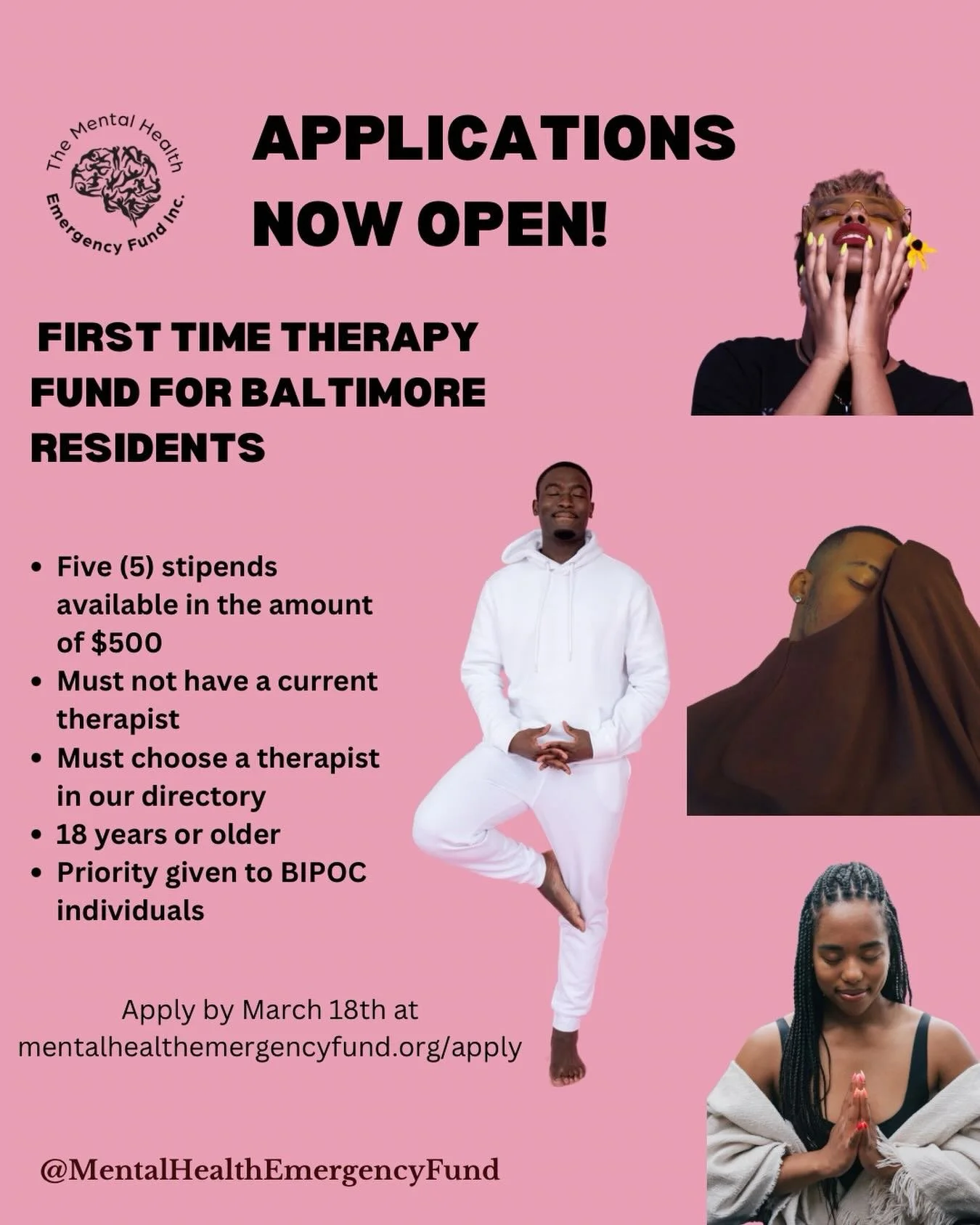 Application numbers are at an unusual low right now. This means that if you apply, you have a good chance of getting selected!

Apply for our $500 First Time Therapy stipend!

Black men are strongly encouraged to apply.

Applications close next Wedne