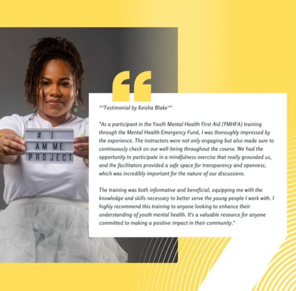 Here&rsquo;s a testimonial from a previous Youth Mental Health First Aid participant:

&ldquo;As a participant in the Youth Mental Health First Aid (YMHFA) training through the Mental Health Emergency Fund, I was thoroughly impressed by the experienc
