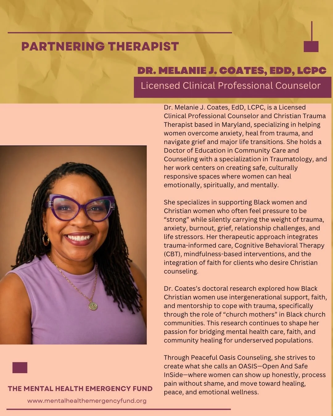 It&rsquo;s Therapist Thursday! Meet Dr. Melanie Coates.

Dr. Melanie J. Coates, EdD, LCPC, is a Licensed Clinical Professional Counselor and Christian Trauma Therapist based in Maryland, specializing in helping women overcome anxiety, heal from traum