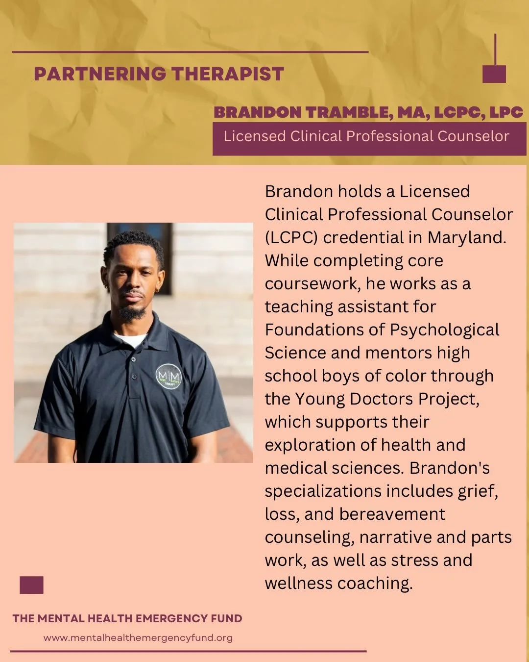Not only is it Men&rsquo;s Mental Health Awareness Month, but today is also Therapist Thursday! Meet Brandon Tramble, MA, LCPC, LPC.

Brandon holds a Licensed Clinical Professional Counselor (LCPC) credential in Maryland. While completing core course