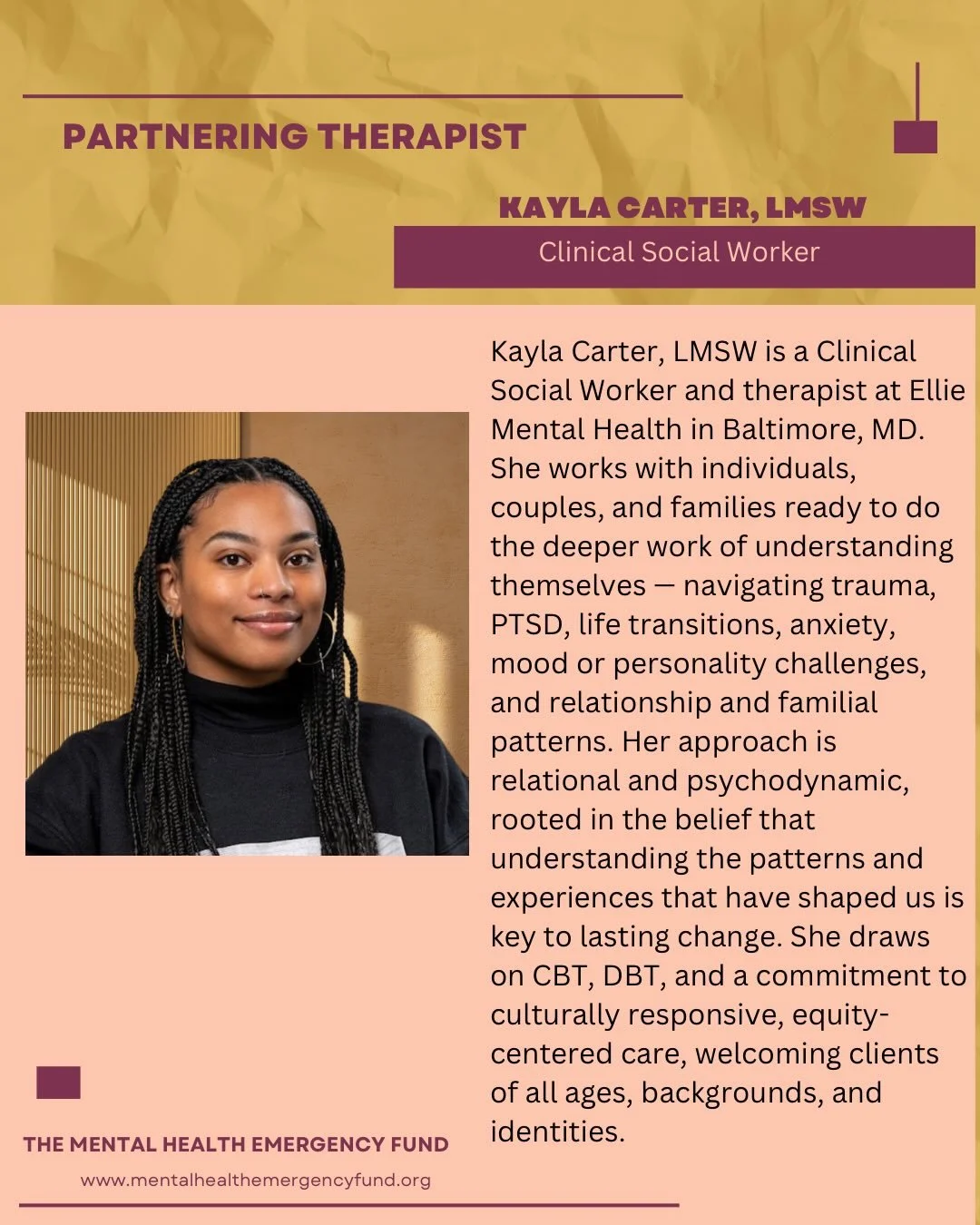 It&rsquo;s Therapist Thursday!
Meet Kayla Carter, LMSW.

Kayla Carter, LMSW is a Clinical Social Worker and therapist at Ellie Mental Health in Baltimore, MD. She works with individuals, couples, and families ready to do the deeper work of understand