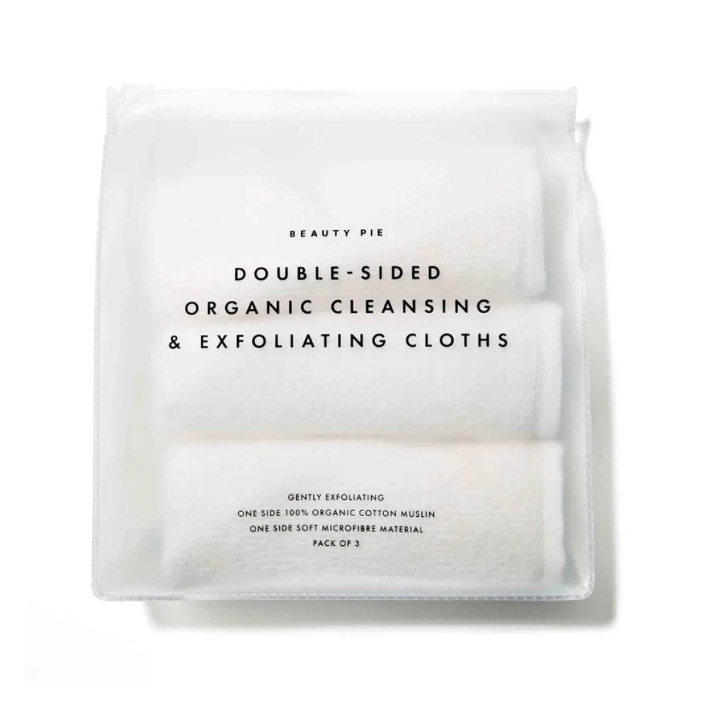 DOUBLE-SIDED ORGANIC CLEANSING &amp; EXFOLIATING CLOTHS, PACK OF 3, FROM BEAUTY PIE, £15