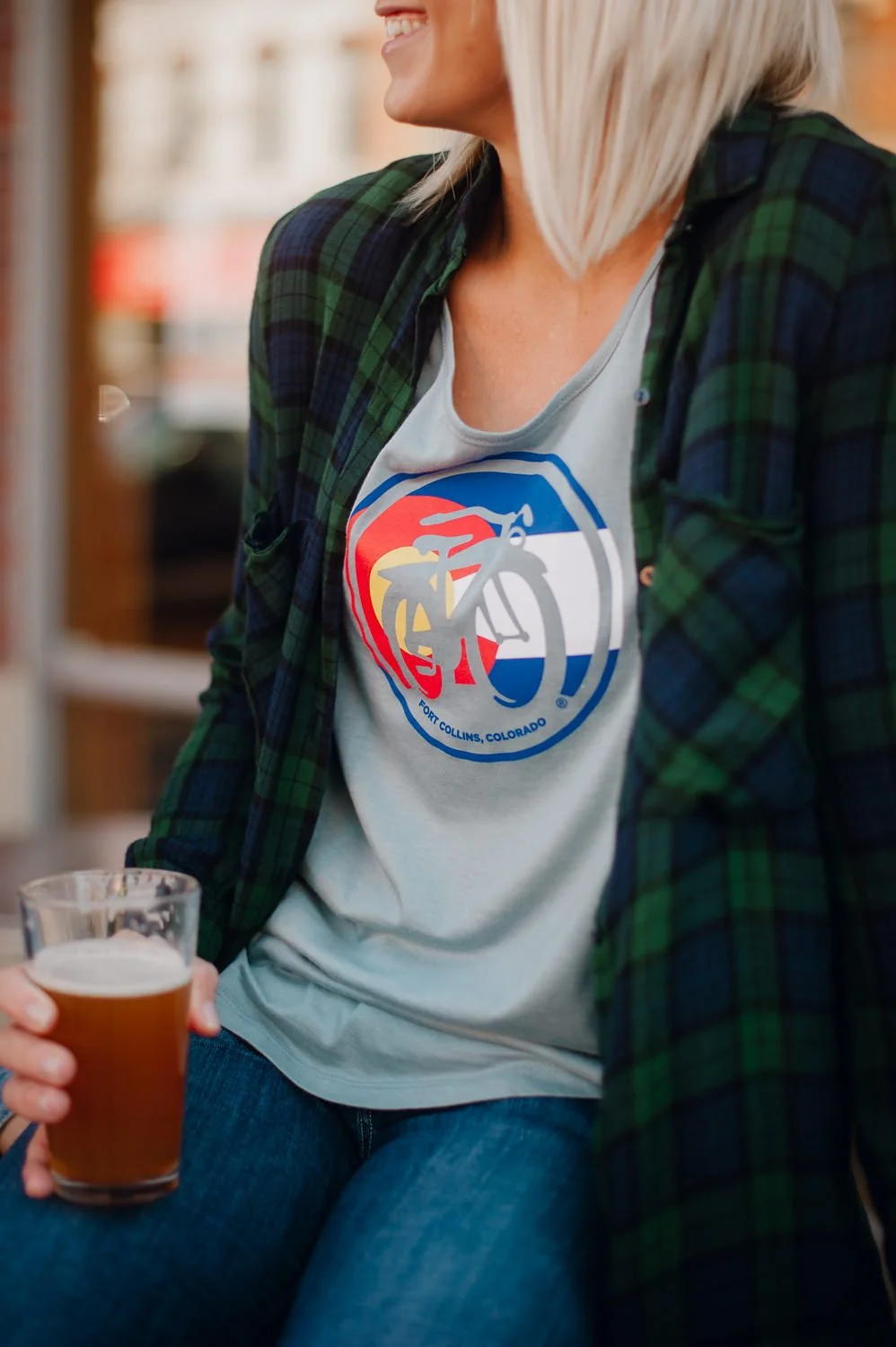 Brand Photography of New Belgium Brewing Company - lifestyle portrait beer colorado flag tshirt