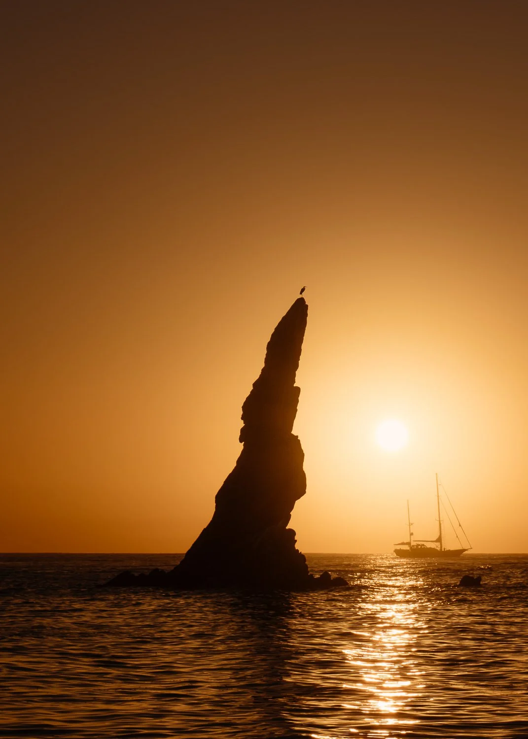 Travel landscape photography of jagged rock formations during golden hour sunrise by lovers beach in Los Cabos