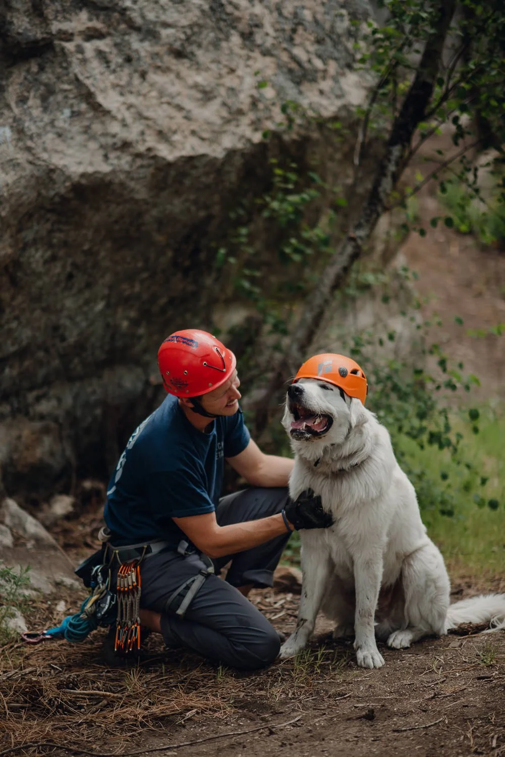 Professional adventure photography in Spokane, Washington - lifestyle portrait rock climbing dog wearing helmet