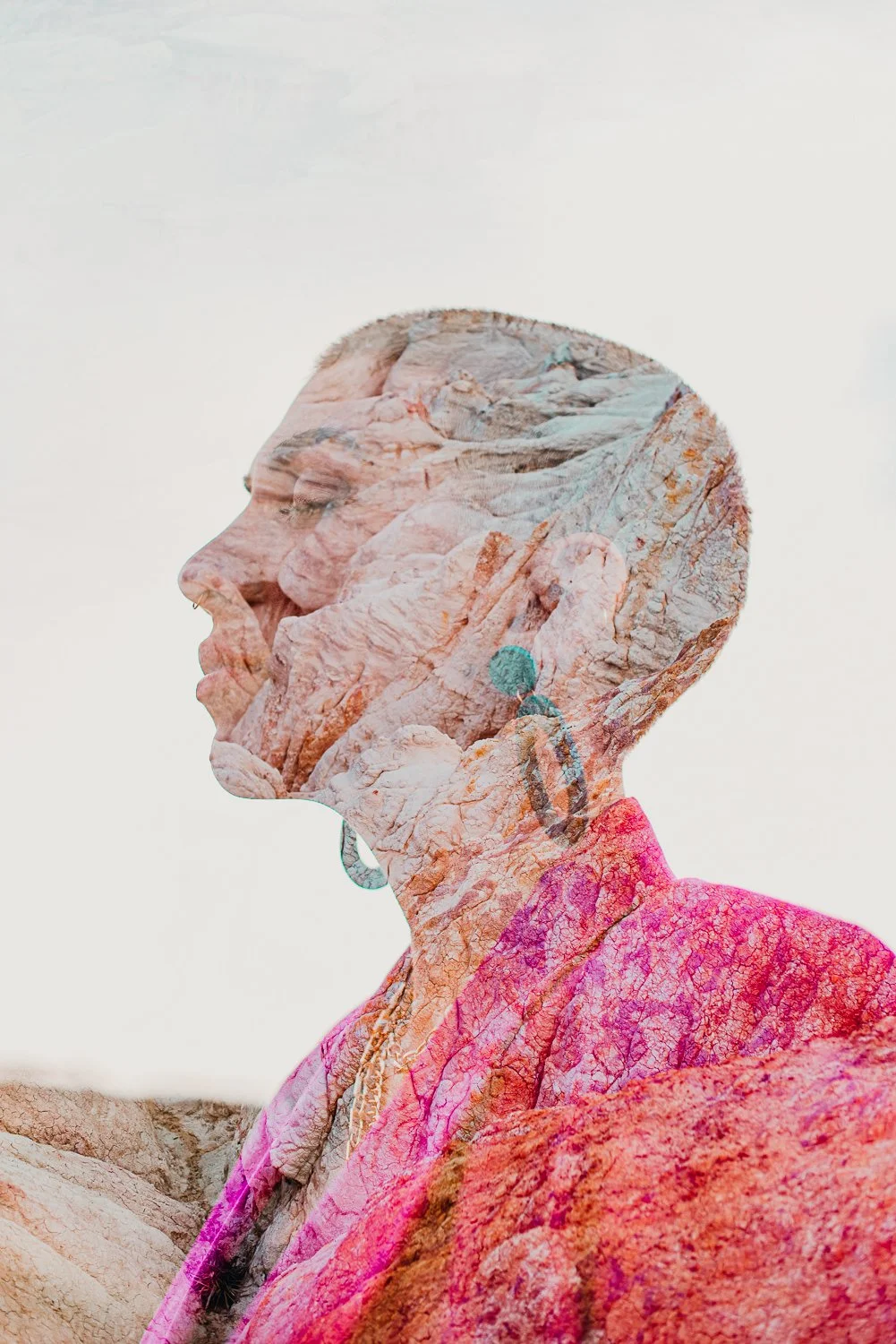 Professional editorial portrait photography at the Paint Mines Interpretive Park in Calhan, Colorado - creative double exposure portrait