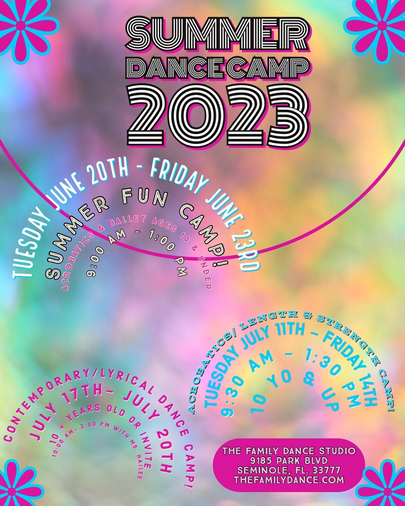 SUMMER DANCE CAMP!
Registration is live at thefamilydance.com now!

Summer Fun Camp : Ages 10 &amp; Under 
Tuesday June 20th- Friday June 23rd
9:00 AM- 2:00 PM
Acrobatics &amp; Ballet

Acrobatics Strength &amp; Length Camp!
10 years old + or invite o