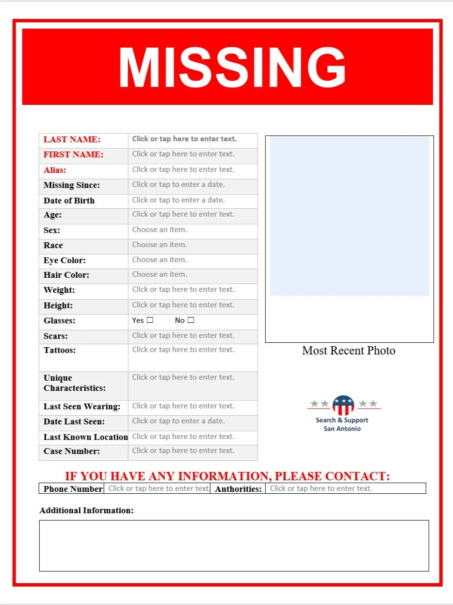 Missing Person Flyer Template — Search & Support San Antonio