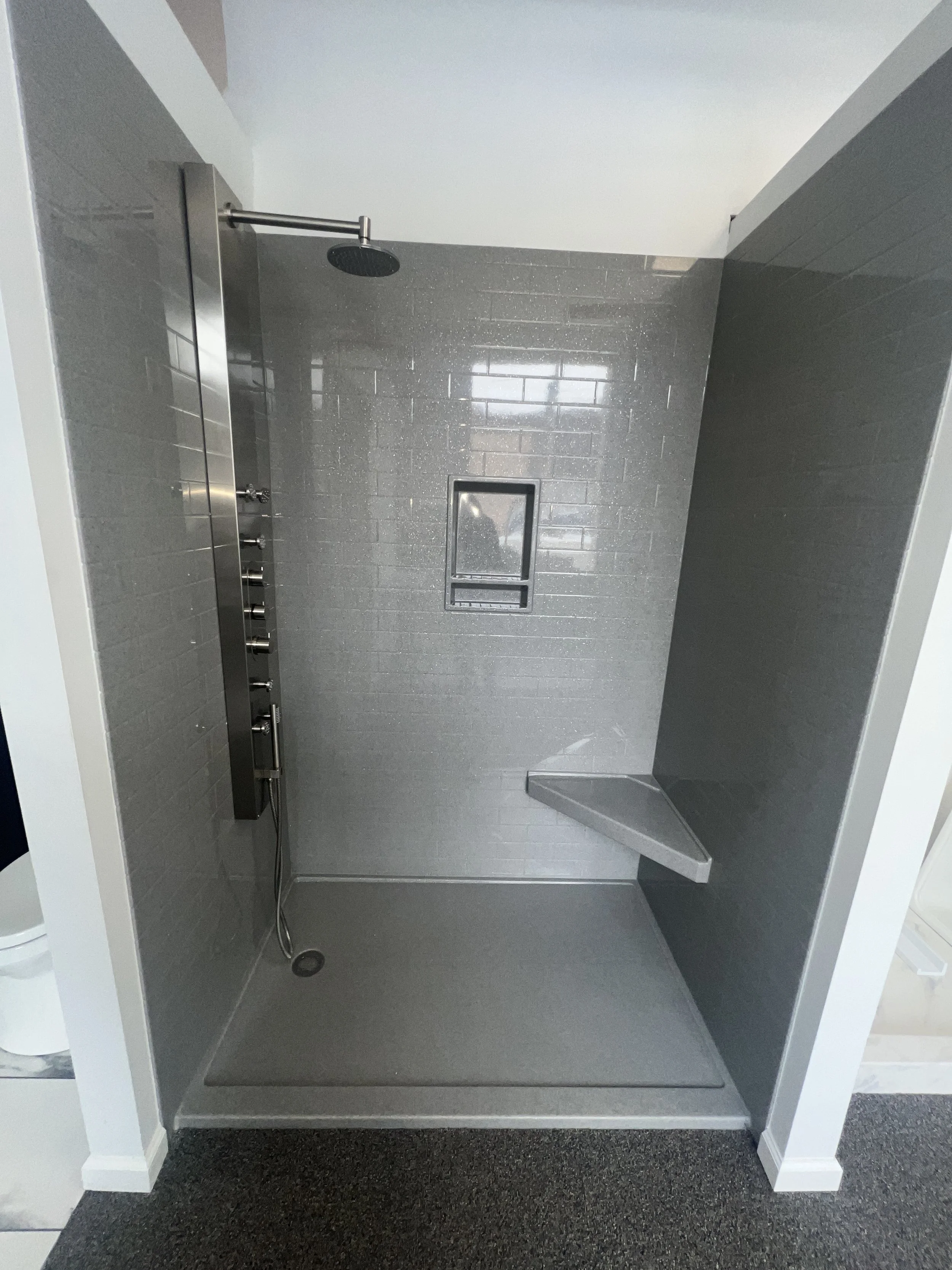 Basement walk-in shower with bench, Belle Vernon PA
