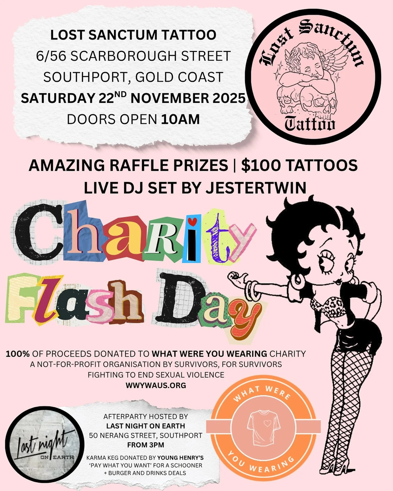 ‼️CHARITY FLASH DAY‼️ @lostsanctumtattoo 

🧡 100% of proceeds will be going to @whatwereyouwearing_ a not-for-profit organisation by survivors, for survivors - fighting to end sexual violence. 

- $100 tattoos, doors open 10am, first in first served