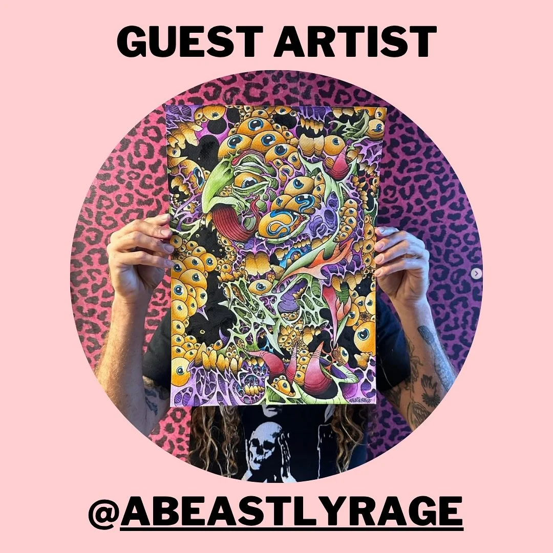 🚨 Tattoo and Mural Artist Sami Beastly @abeastlyrage will be guesting with us here at @lostsanctumtattoo Friday 29th and Saturday 30th August! 
💜 His psychedelic, surf-sludge style is truly unique, DM @abeastlyrage directly to book, these spots won