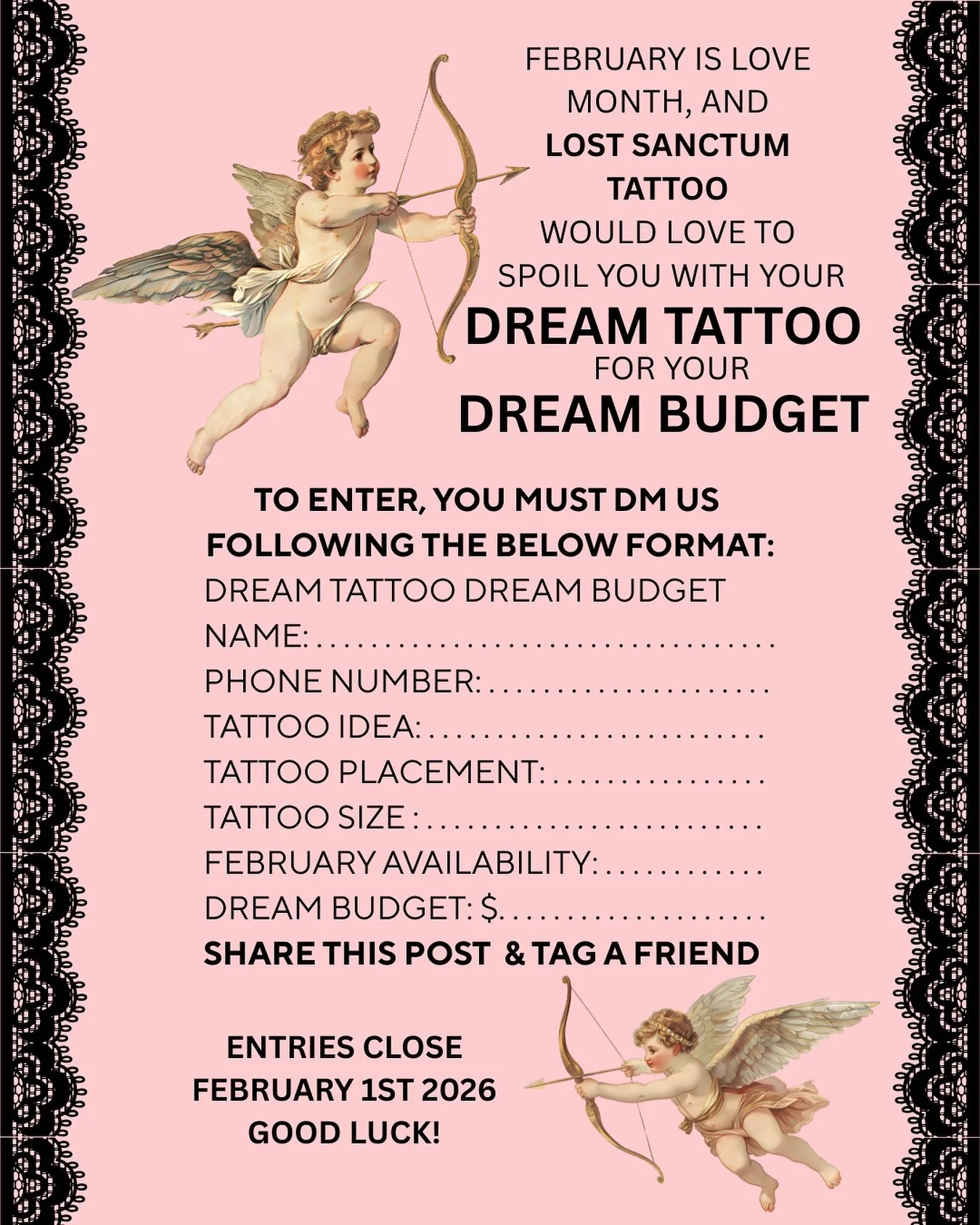 🚨 🚨 🚨 🚨 🚨 🚨 🚨 🚨
Dream Tattoo, Dream Budget (#2)

It&rsquo;s been a couple years since we last ran this little comp and I&rsquo;m so excited to spoil a handful of you again this February! ❤️
Send us your dream tattoo idea and a dream price you