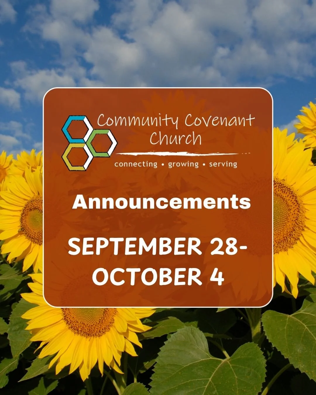 This Week at CCC:

- Fall Sermon Series: This week we&rsquo;re exploring Ruth with guest speaker Cynthia Tidwell as we continue our series on mourning and rejoicing. Join us Sunday at 10AM!

- Special Workshop &mdash; THIS Sunday at 6PM: Join our gue