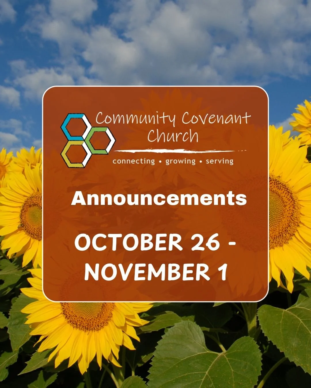 This Week at CCC

- New Sermon Series: We&rsquo;re starting a new series on Thankfulness, Obedience, and Generosity. Join us Sundays at 10AM!

- Operation Christmas Child &mdash; LAST CALL! Don&rsquo;t forget to bring your filled OCC boxes back this 