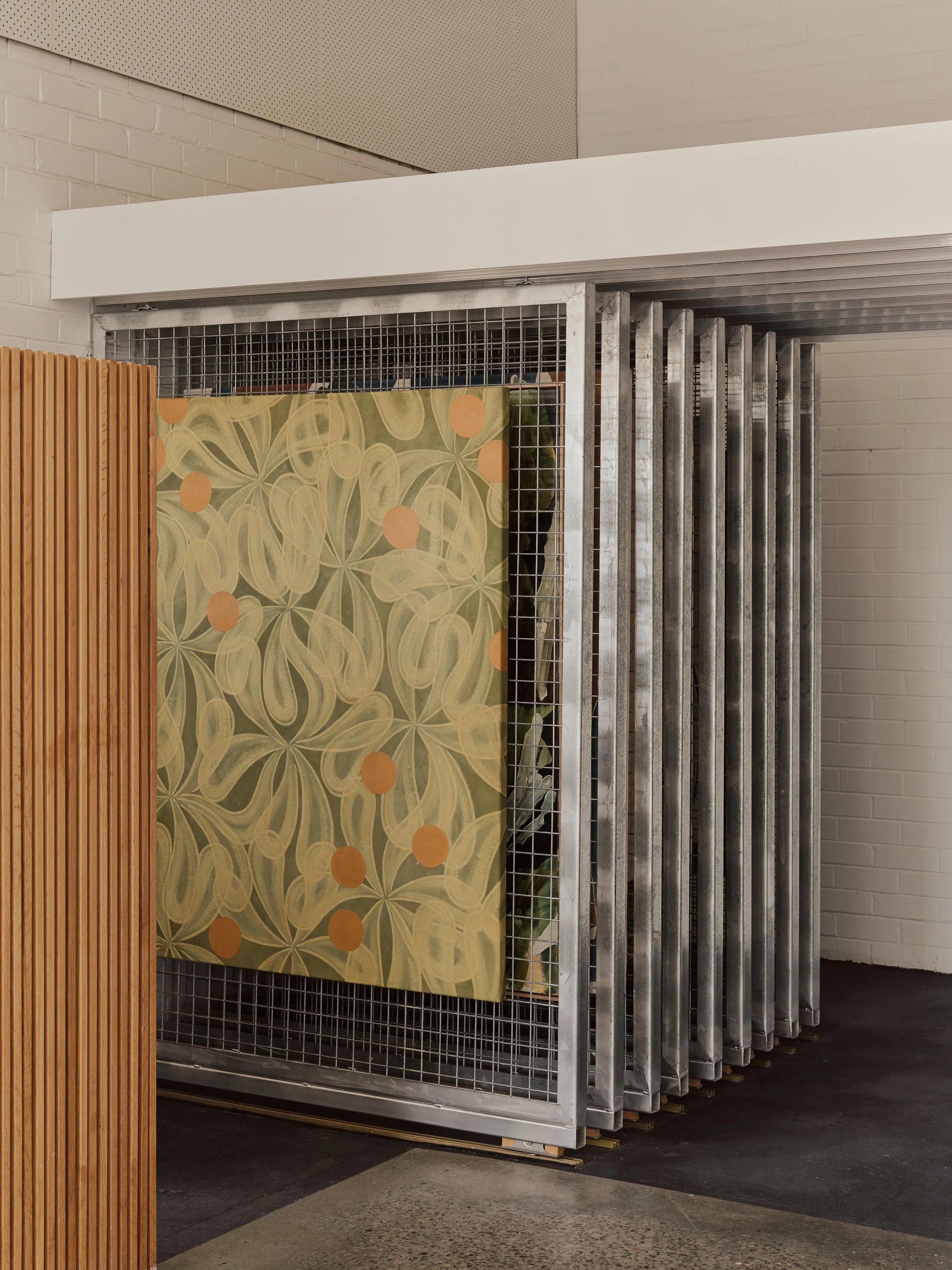 Our gallery racking system for featured paintings. Come in to view what&rsquo;s currently on display. 

Featured: Kane Lehanneur - &lsquo;Organism 15&rsquo;

111 &times; 143cm

Acrylic on canvas

This piece is an original by Kane Lehanneur created in