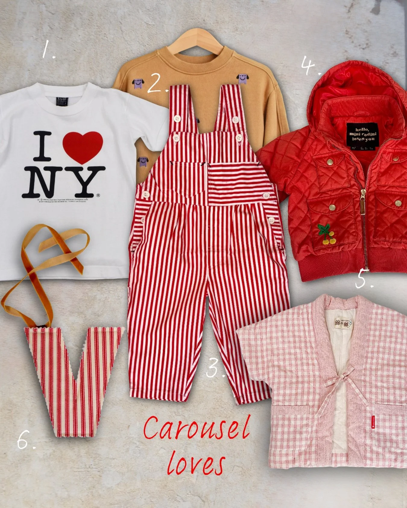 Carousel loves ❣️

Online now:
1. 90&rsquo;s Vintage Tee 
2. Arket Puppy Sweatshirt 
3. Vintage Red Stripe Dungarees 
4. Mini Rodini Cherry Jacket 
5. Japanese Padded Jacket 
6. Handmade Personalised Letters 

Happy weekend lovers &hearts;️
