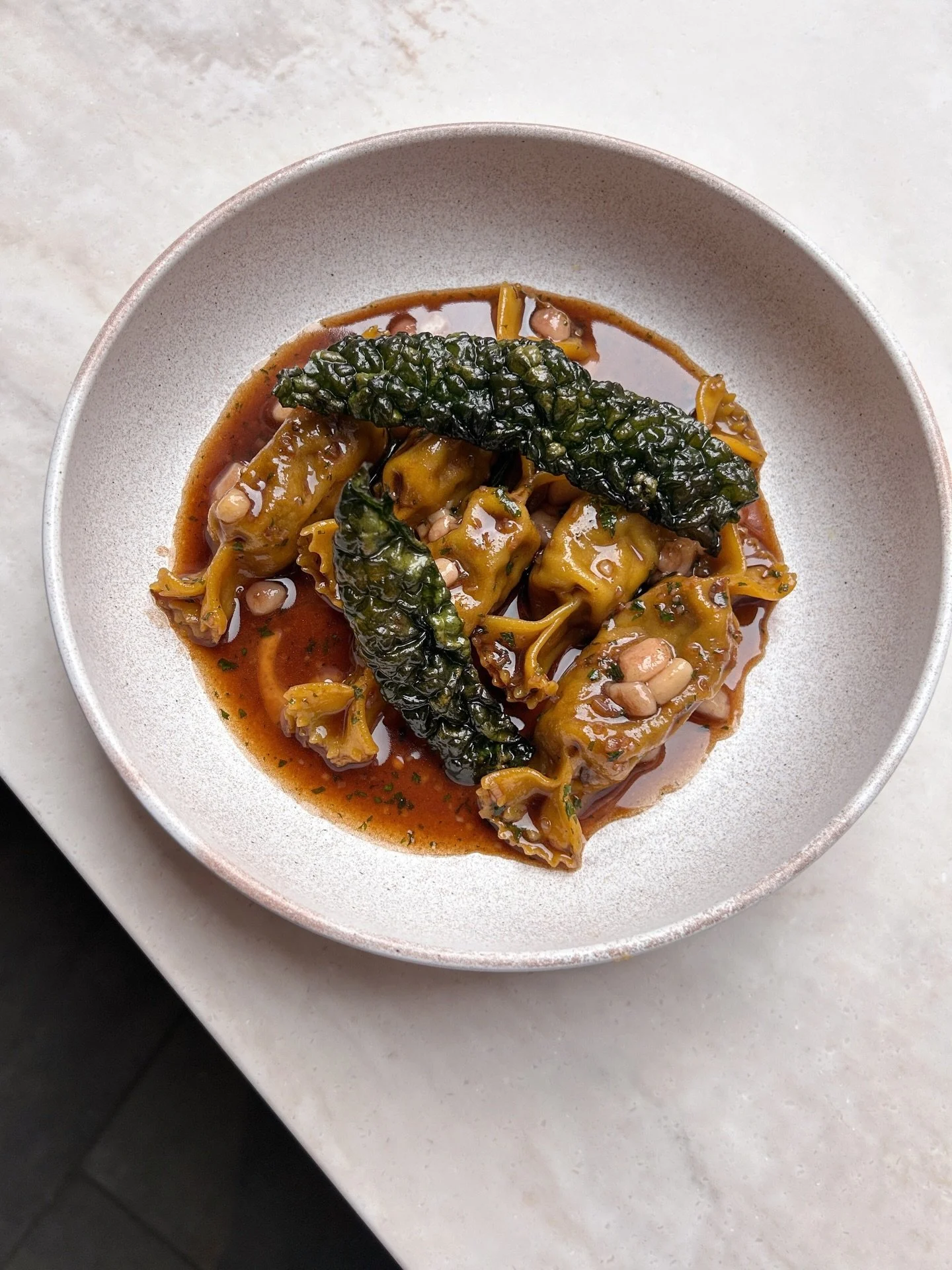 NEW DISH
Rare breed beef caramelle, marrowbone, crispy cavolo nero, Barolo.