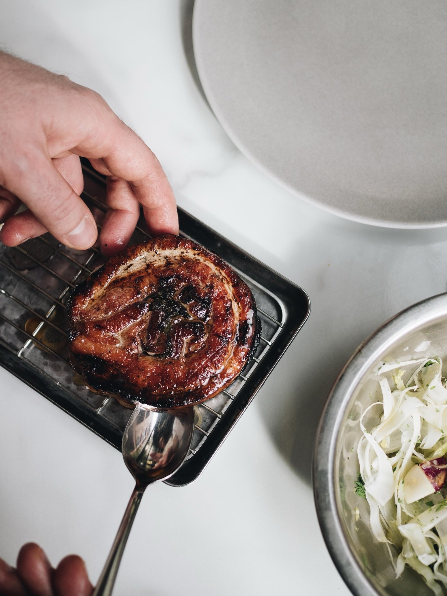 Swipe to see the finished dish. 
For the table - Porchetta, radish &amp; fennel, apple cider, crispy pig skin.
Coming soon to Bancone City 22nd April.