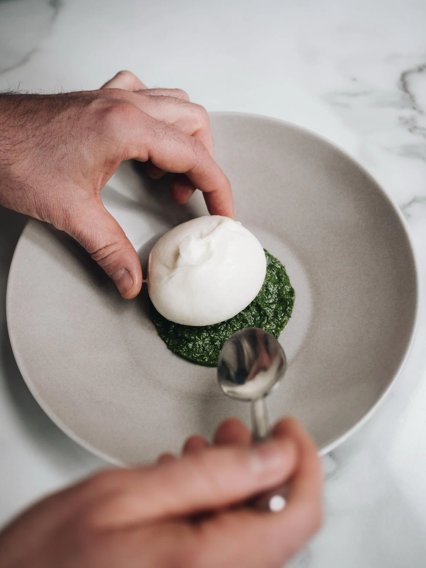 NEW DISH - swipe to see the latest addition to the antipasti. From start to finish. 

Burrata, crispy confit tomato ravioli, wild garlic