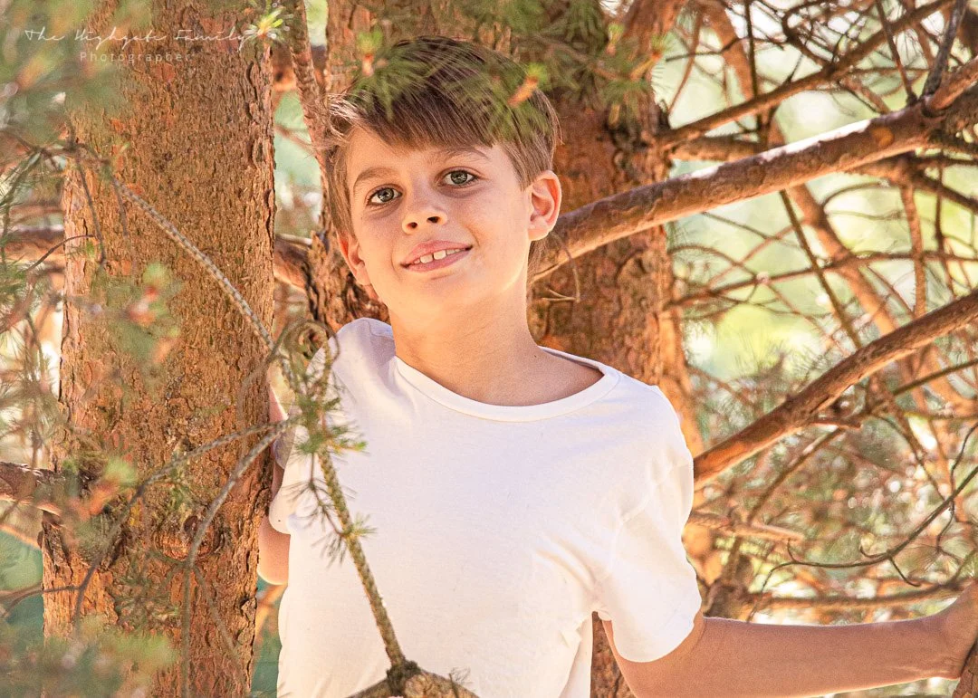 A young boy with brown hair and blue eyes smiling while standing among tree branches and pine needles in a forest setting.