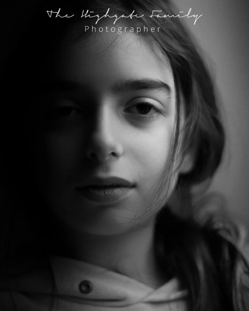 High contrast black and white portrait of a young girl