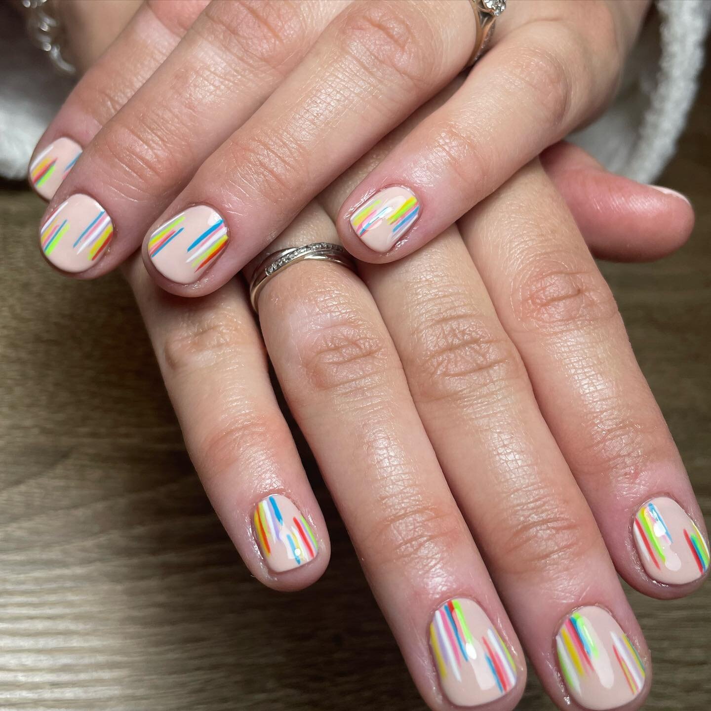 Shaper &amp; Shellac | 

Stripey Vibes for our mummy to be last week. 
This special set of nails were inspired by a sons wish for mummy to have rainbow nails. Not wanting to go full rainbow, we created these. 
How gorgeous!!! 

🌿Book Online 
🦚 Shap