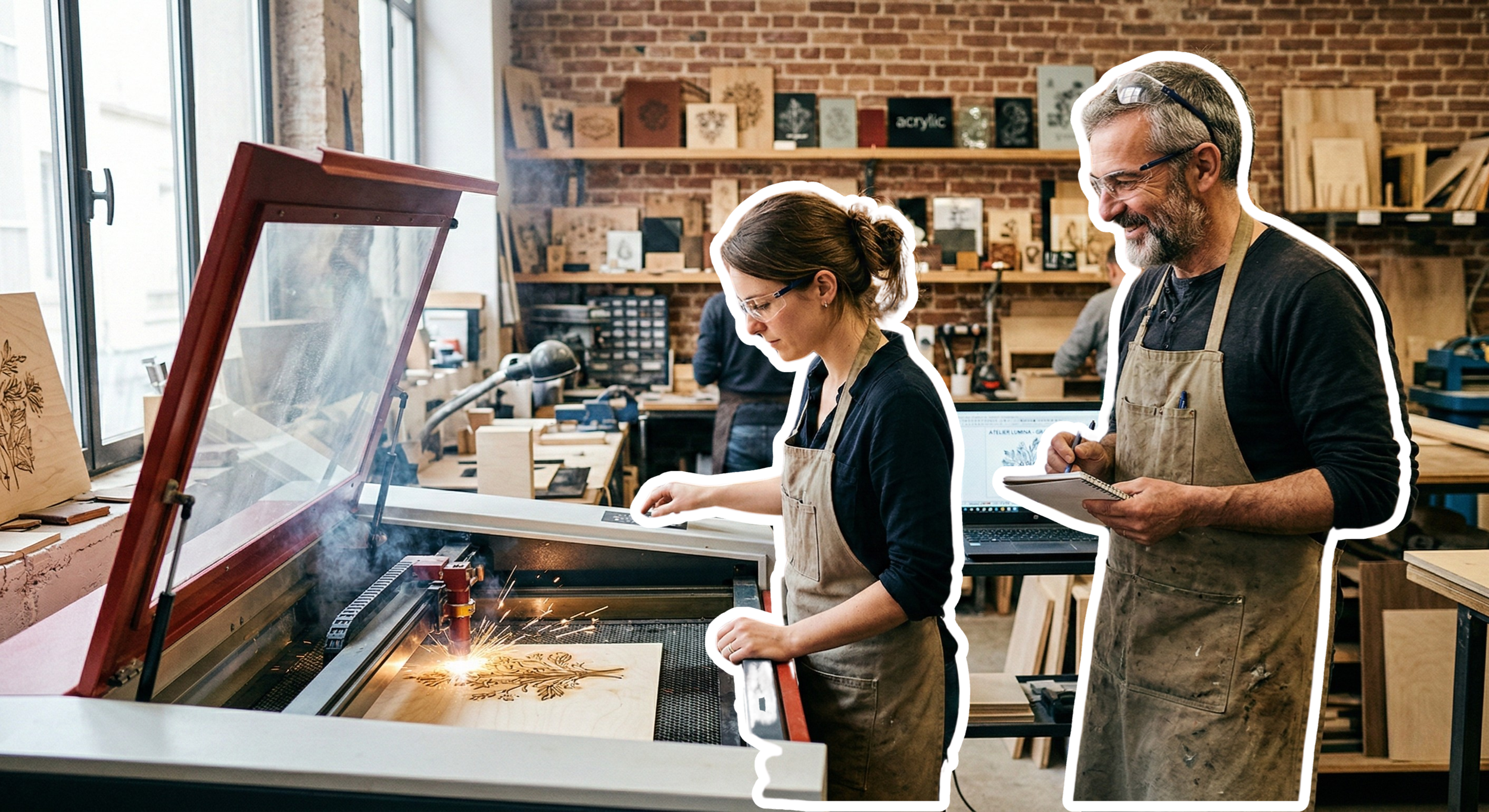 Artisans utilisant une machine de découpe laser dans un atelier de fabrication de bois, avec un homme et une femme portant des tabliers, entourés de divers outils et pièces de bois.