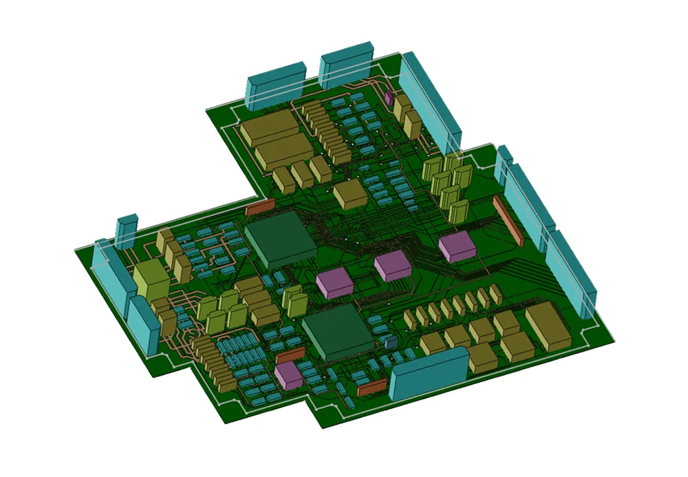 Un circuit imprimé 3D avec divers composants électroniques colorés.
