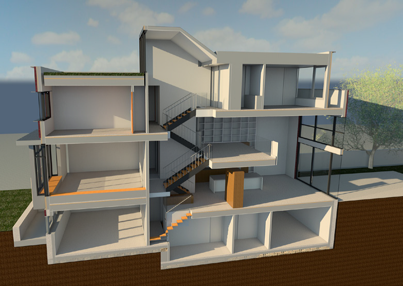 Vue en coupe d'une maison moderne avec plusieurs étages, escaliers intérieurs, murs blancs, grandes fenêtres et un extérieur en brique.