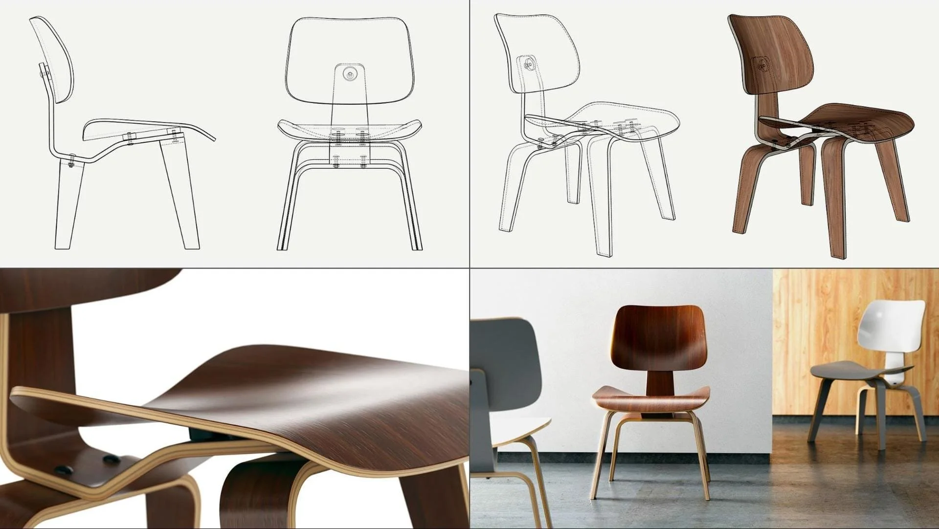 Dessins techniques et photos de chaises en bois, montrant différentes vues et détails de leur conception.