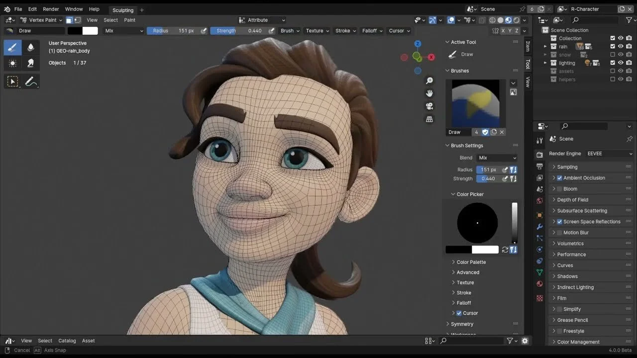 Personnage animé 3D féminin avec des cheveux bruns, des yeux bleus et un sourire, utilisant un logiciel de modélisation 3D.