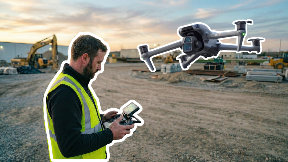 Télépilote professionnel en gilet de sécurité pilotant un drone au coucher du soleil