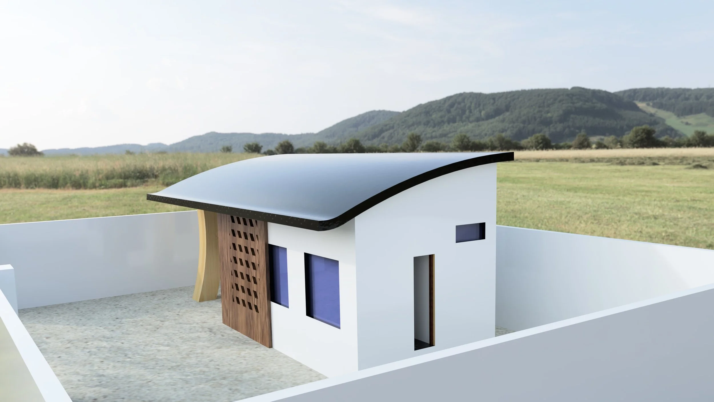 Modèle d'une petite maison moderne avec un toit incurvé dans un cadre rural avec des montagnes en arrière-plan.