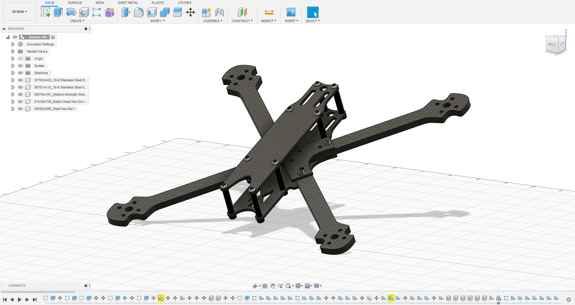 Modèle 3D d'un cadre de drone en fibre de carbone avec bras en allongement.