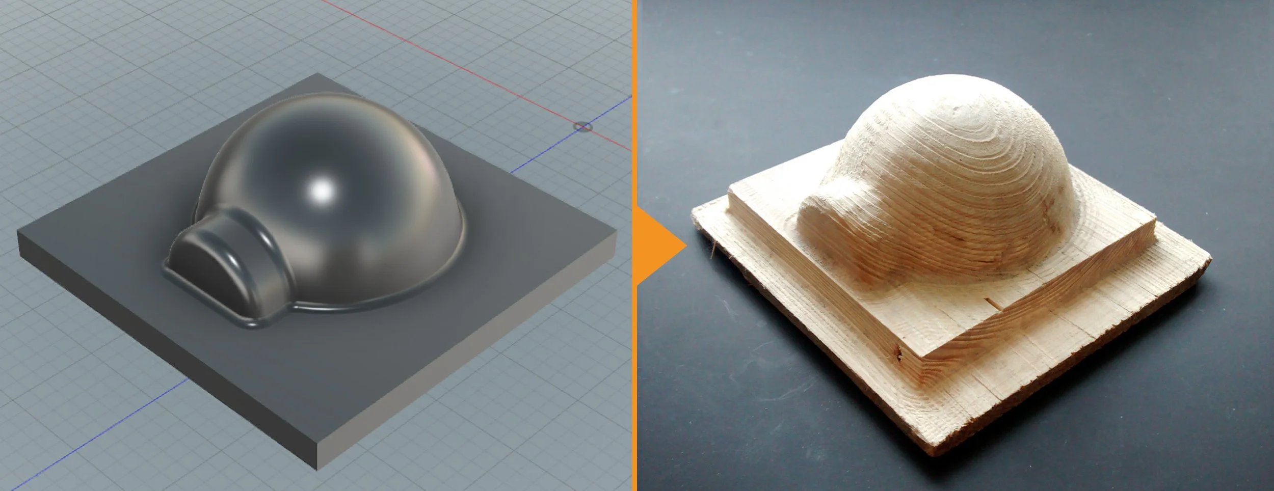 Comparaison entre une modélisation 3D d'une toiture en forme de coque et une maquette en bois de la même toiture