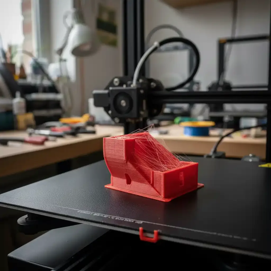 Objet imprimé en 3D rouge placé sur une surface plane devant une imprimante 3D. L'imprimante et un environnement de bureau ou d'atelier en arrière-plan.