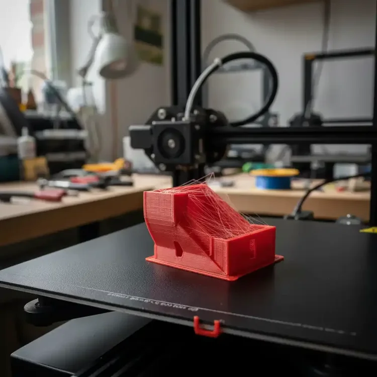 Pièce imprimée en 3D rouge posée devant une imprimante 3D dans un atelier