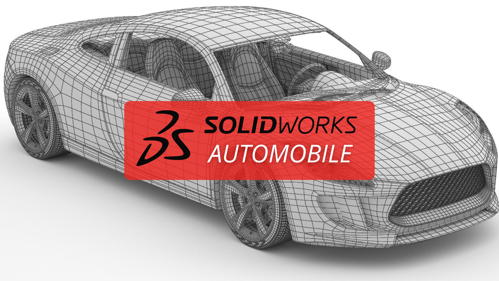 Modèle d'une voiture 3D en wireframe avec un logo SOLIDWORKS et DS Automotive superposé.