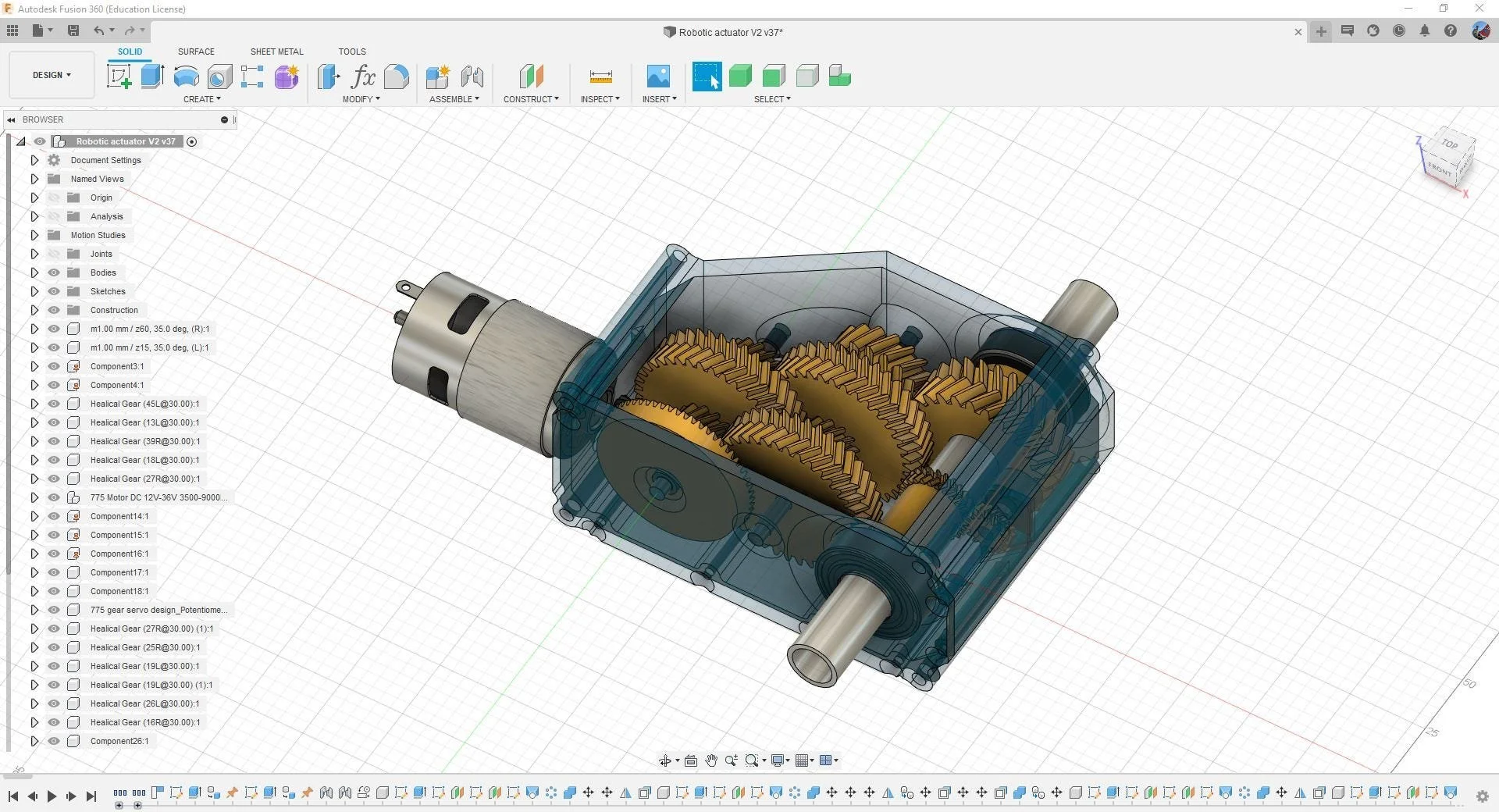 Schéma d'un moteur électrique avec engrenages visibles dans un logiciel de modélisation 3D.