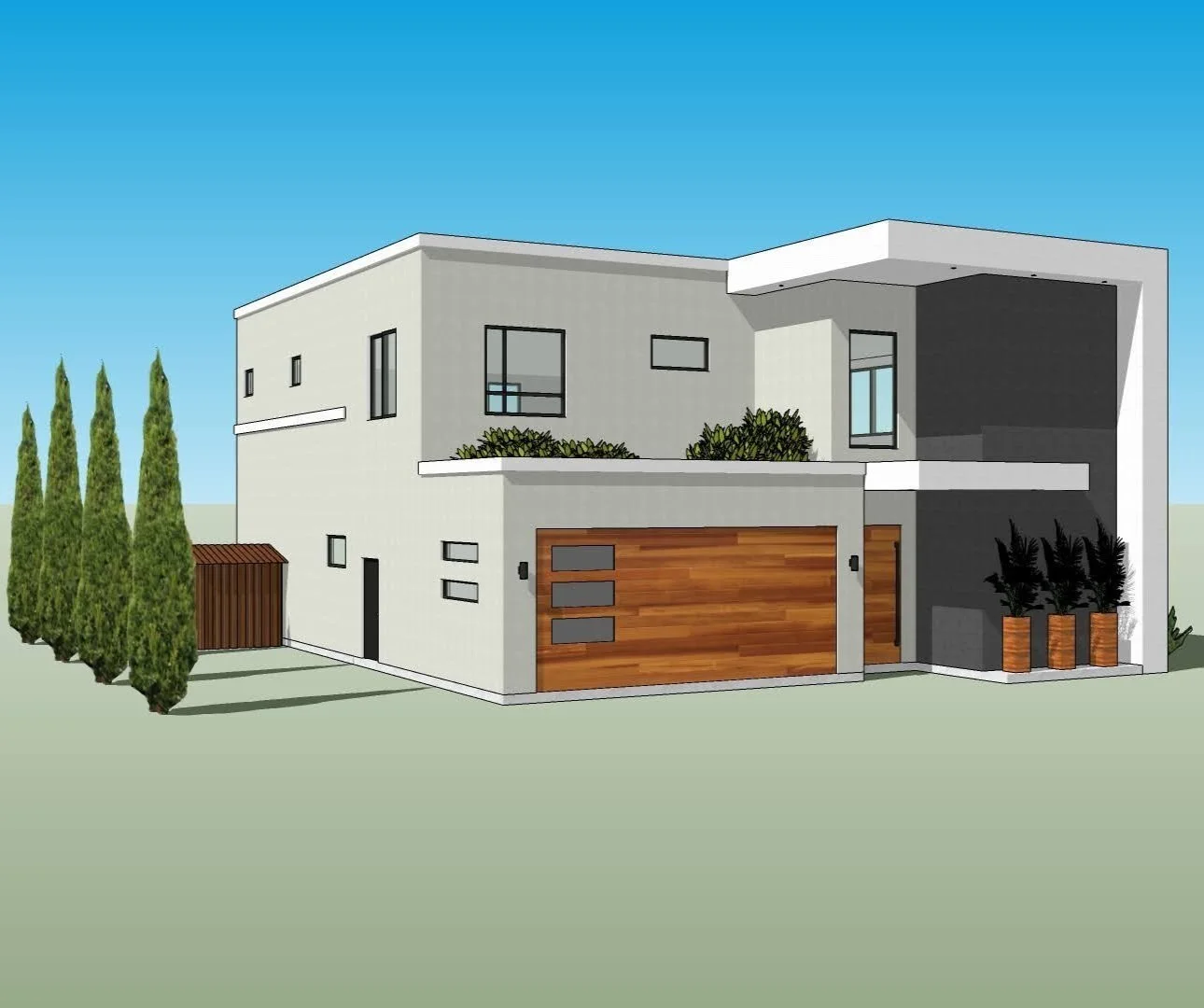 Illustration d'une maison moderne avec plusieurs niveaux, porte en bois, fenêtres rectangulaires, végétation et ciel bleu.