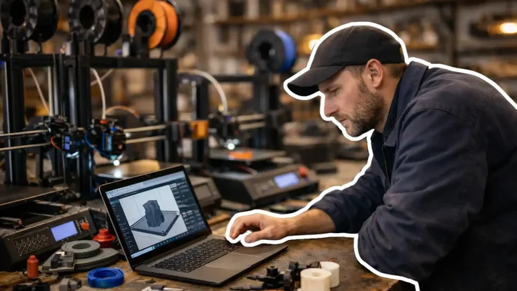 Pièce imprimée en 3D et imprimante FDM dans un atelier