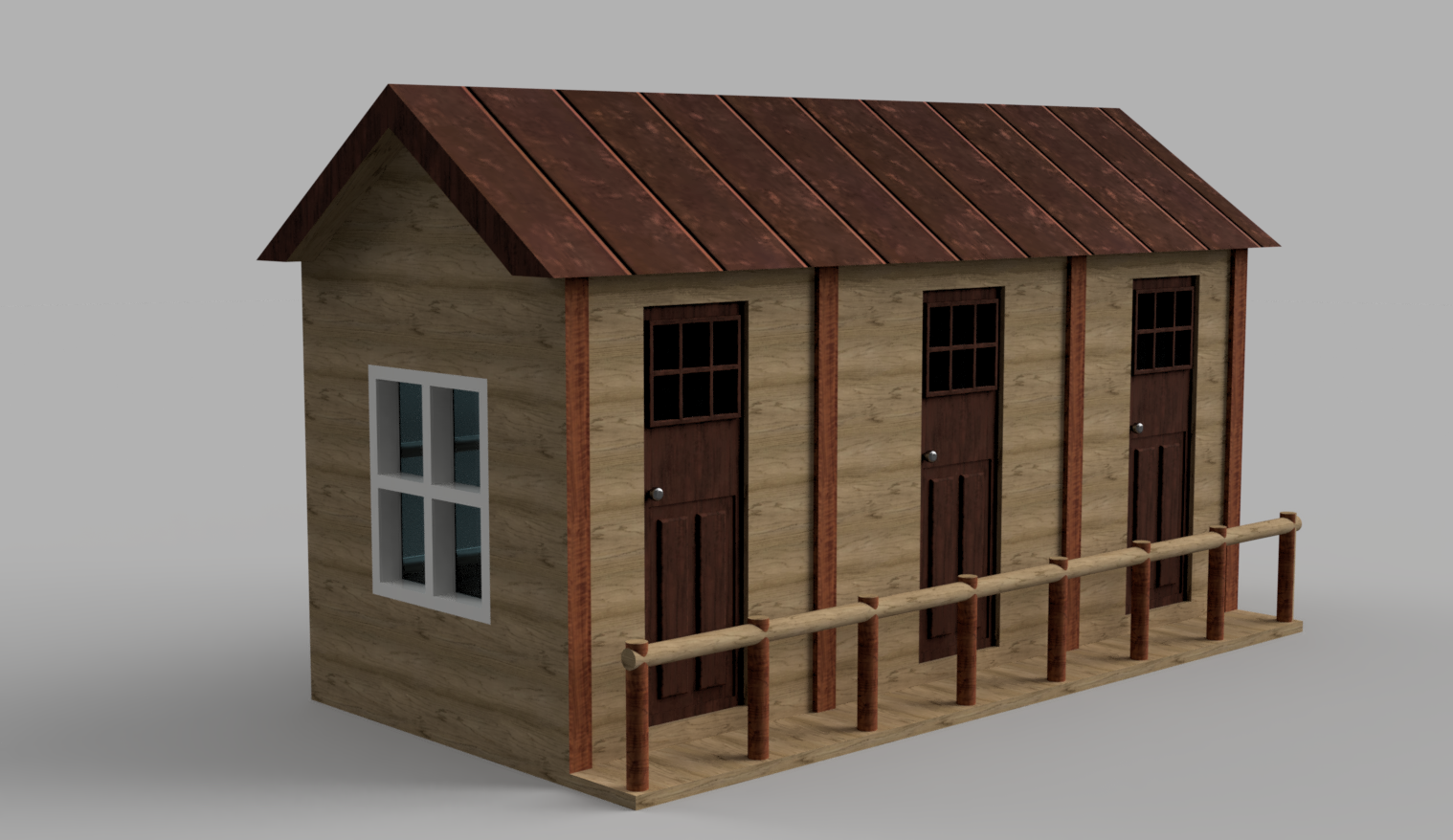 Modèle 3D d'une petite cabane en bois avec un balcon en bois, un toit en bardeaux de bois et une fenêtre à gauche.