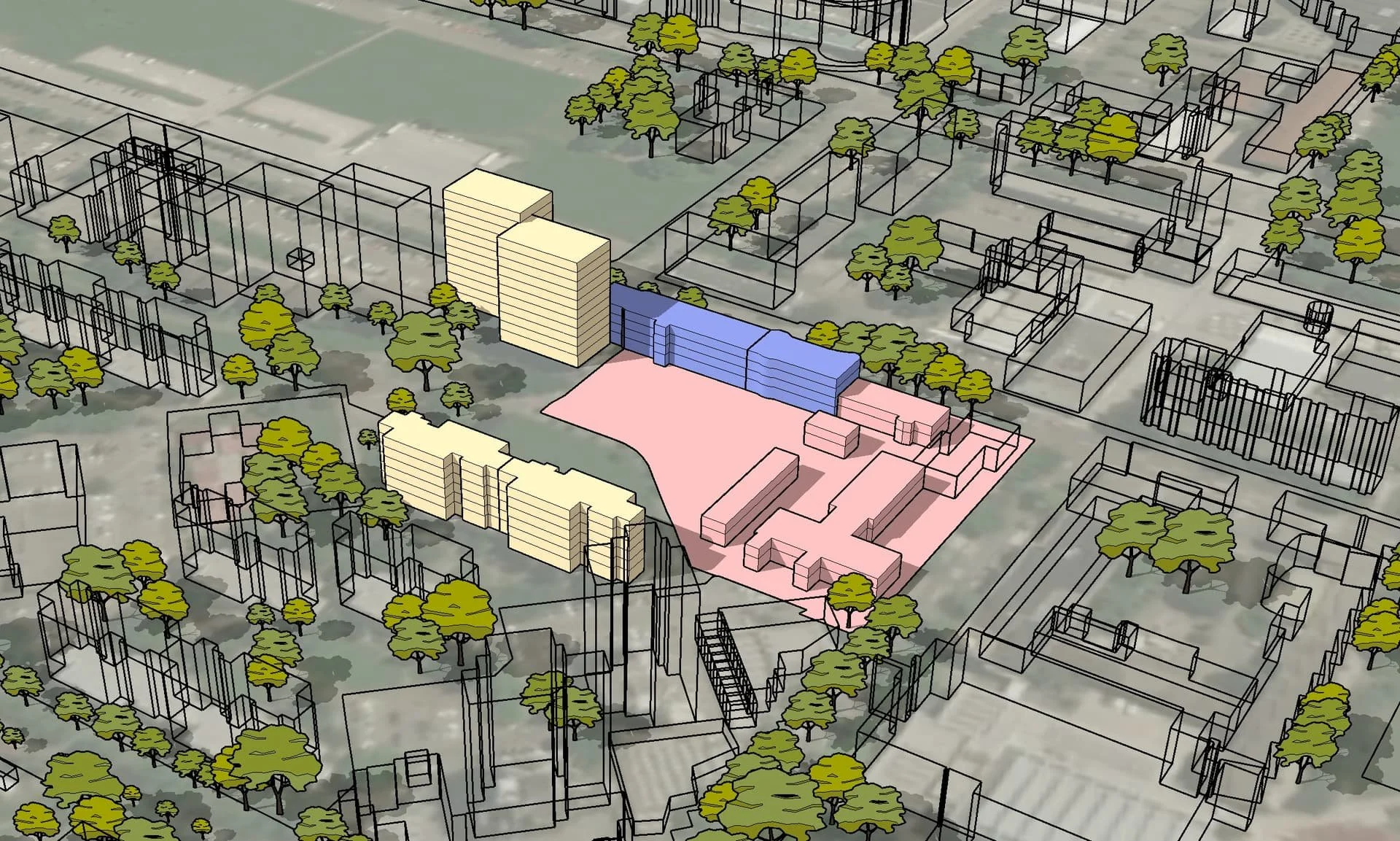 Plan urbain en 3D avec bâtiments colorés et arbres verts, montrant une zone en développement ou en projet immobilier.