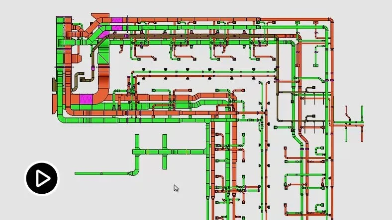 Plan technique de plomberie avec des conduits en rouge, vert, noir et violet.
