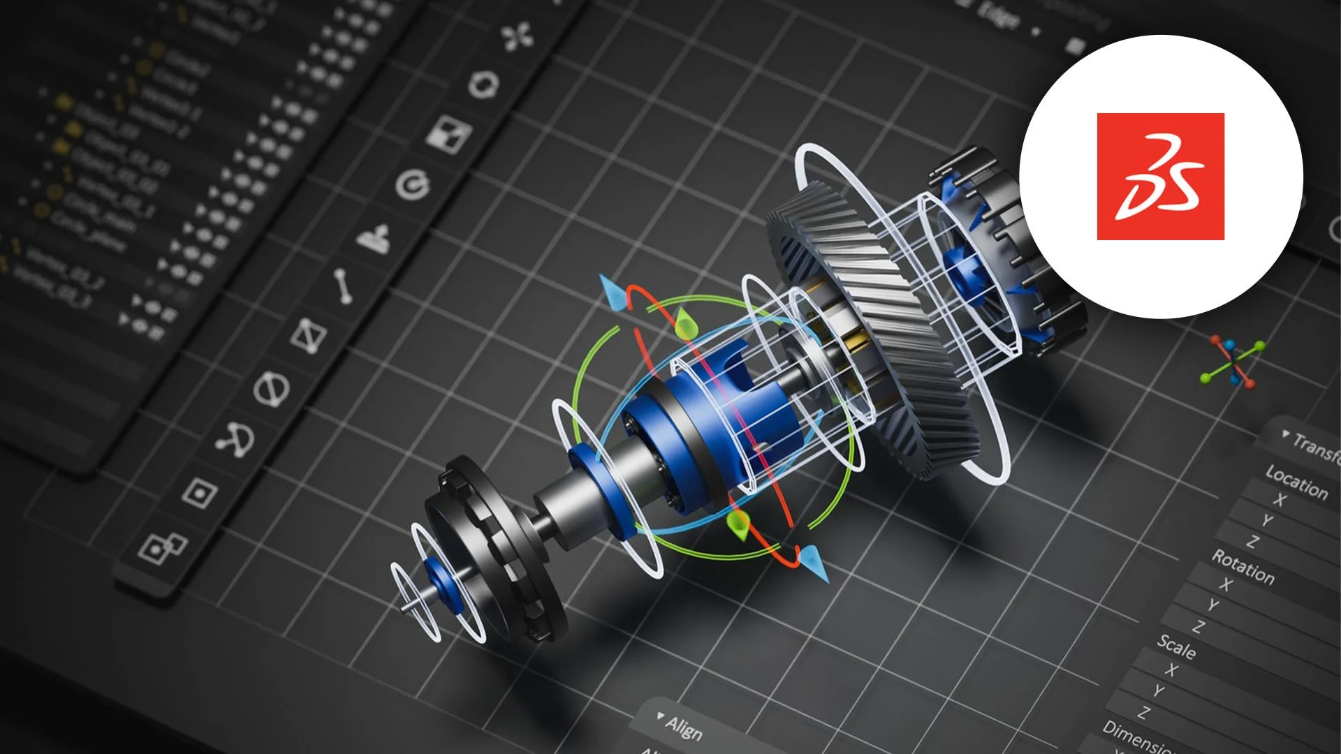 Une interface numérique en 3D représentant une structure mécanique avec engrenages, axes et cercles lumineux de différentes couleurs sur un fond sombre et une colonne de menus à gauche.