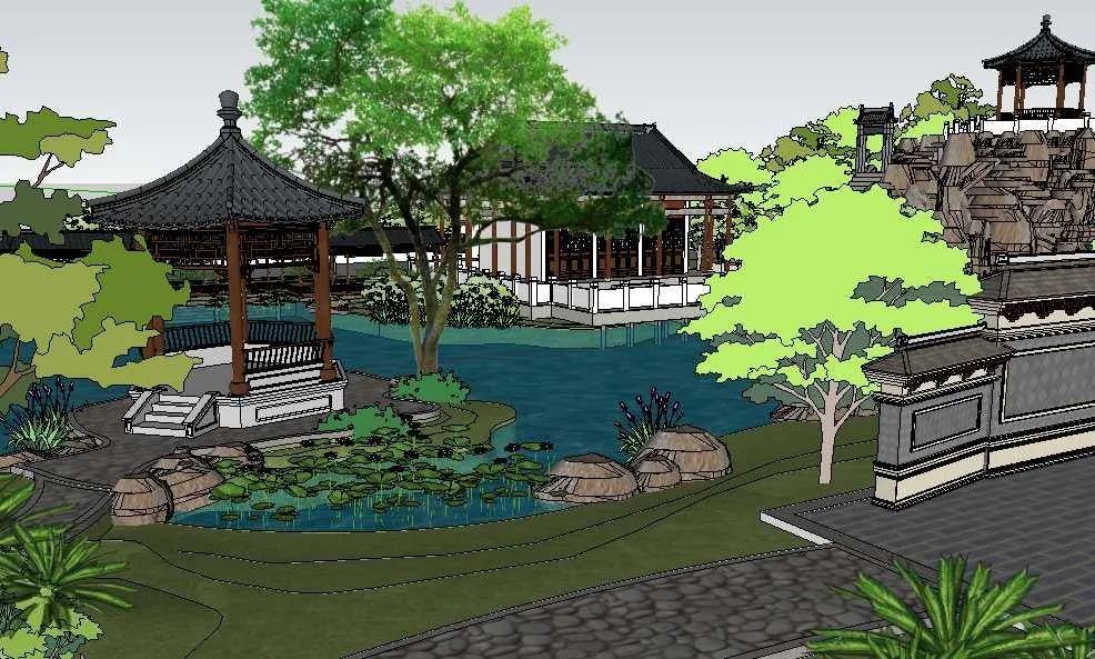 Un jardin paisible avec un étang, un pavillon en bois, des arbres verts, des rochers et une architecture asiatique traditionnelle.