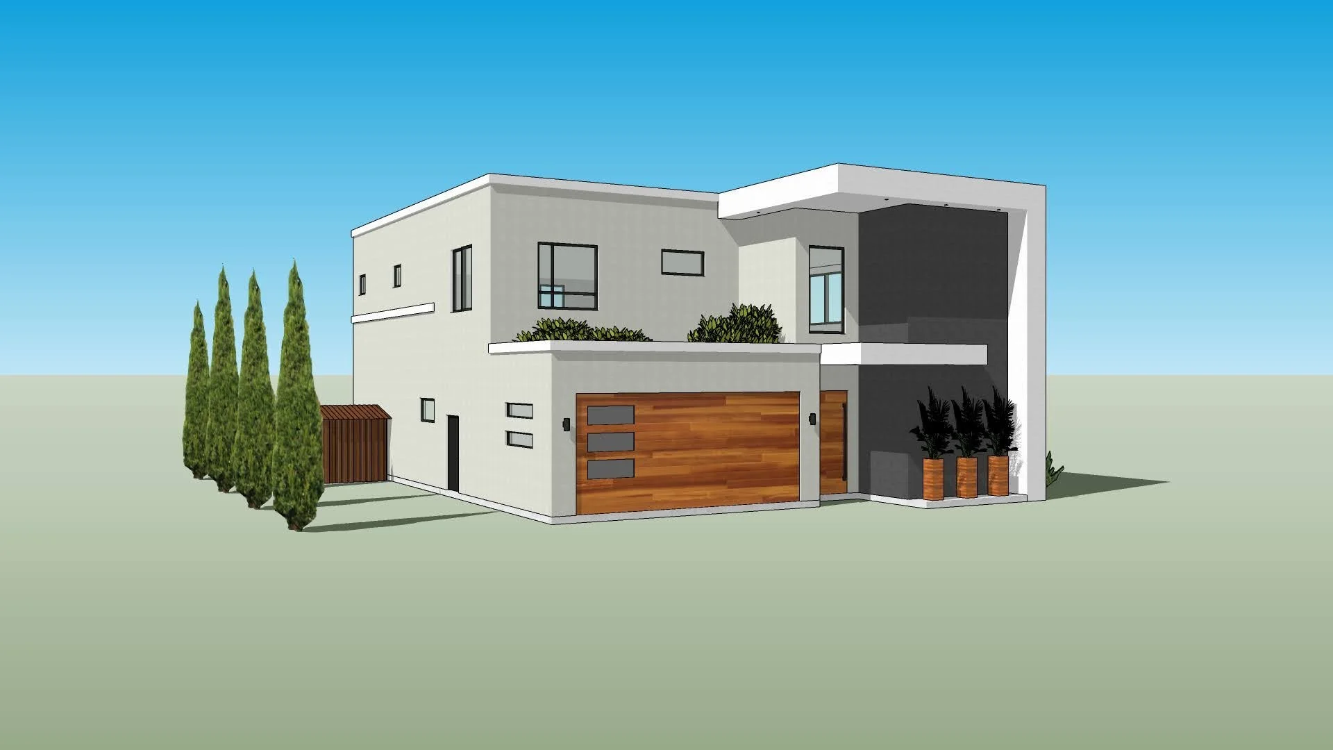 Vue d'une maison moderne avec un garage en bois, des fenêtres rectangulaires, des plantes en jardinières et un ciel bleu clair.