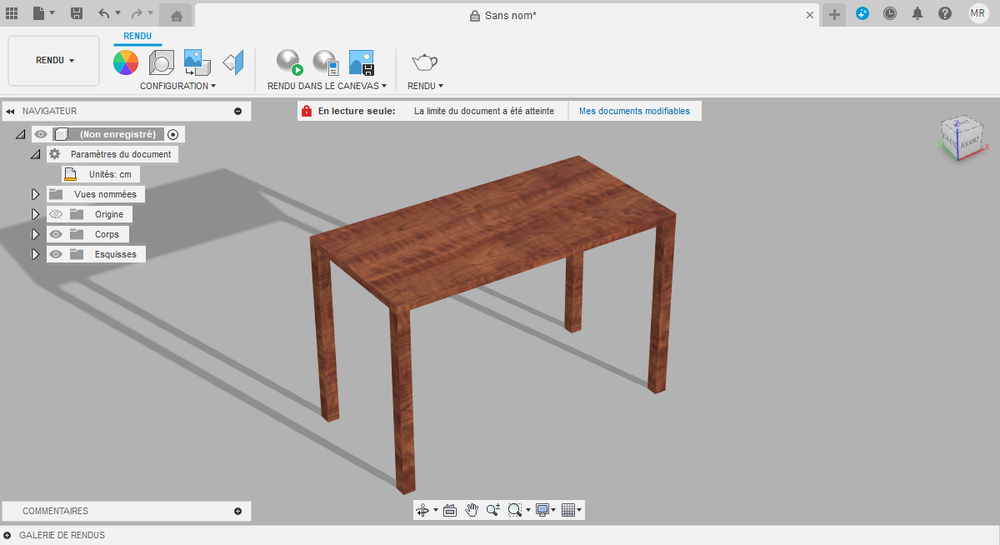 Table en bois modélisée sur Fusion 360