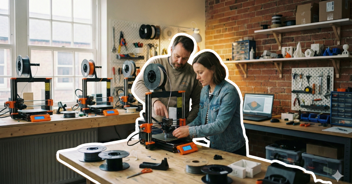 Deux personnes travaillent ensemble sur une imprimante 3D dans un atelier avec des étagères contenant des outils et des matériaux.