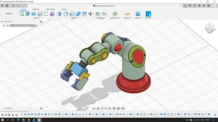 Une conception d'un bras de robot dans un logiciel de modélisation 3D, avec plusieurs segments articulés et une pince à l'extrémité.